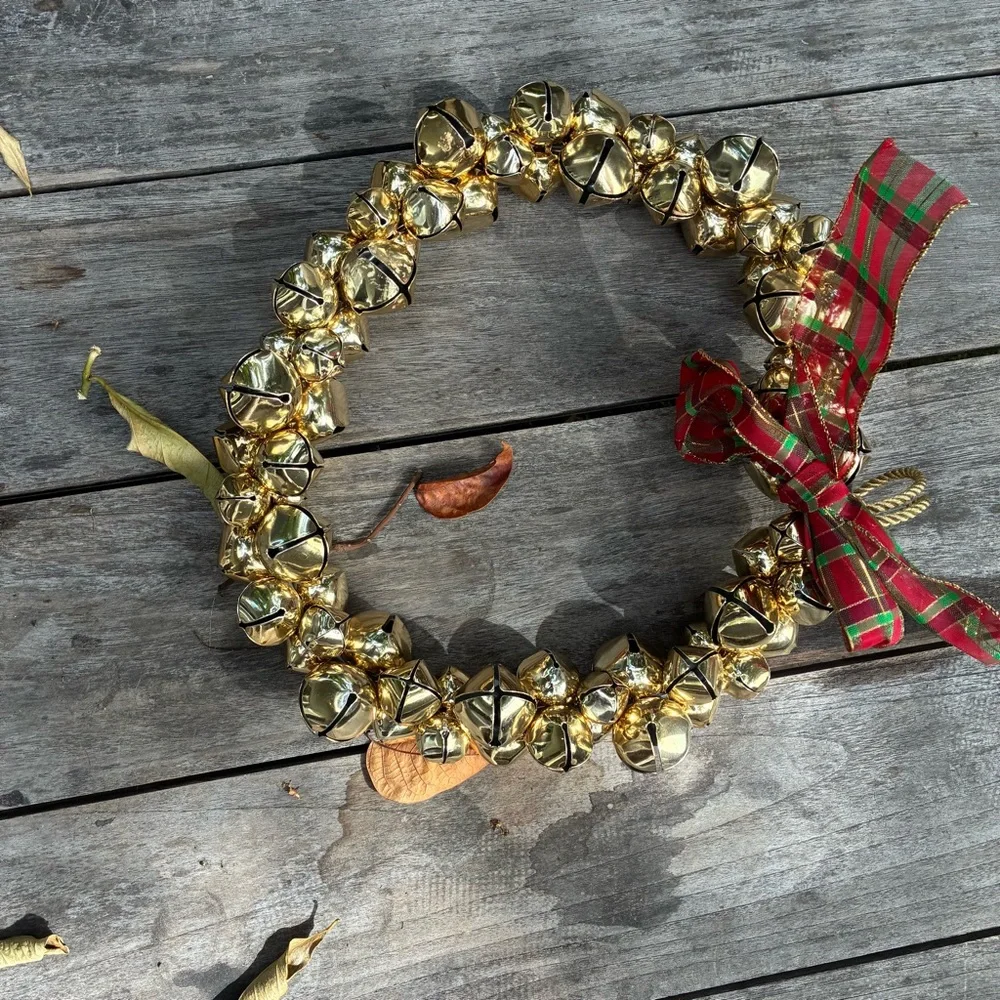 Festive Gold Bell Wreath with Red Plaid Ribbon